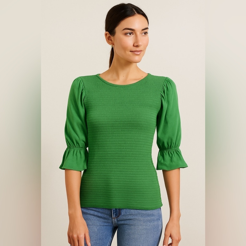 Nation LTD Green Pima Cotton Smocked Top Size XS Puff Sleeve Casual Chic